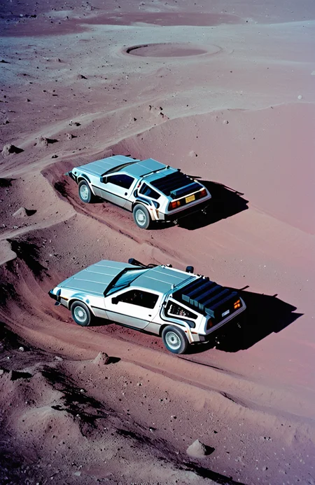 a dreamy retro 8 0 s photo of a delorean on the moon, bloomy, colorful, awesome