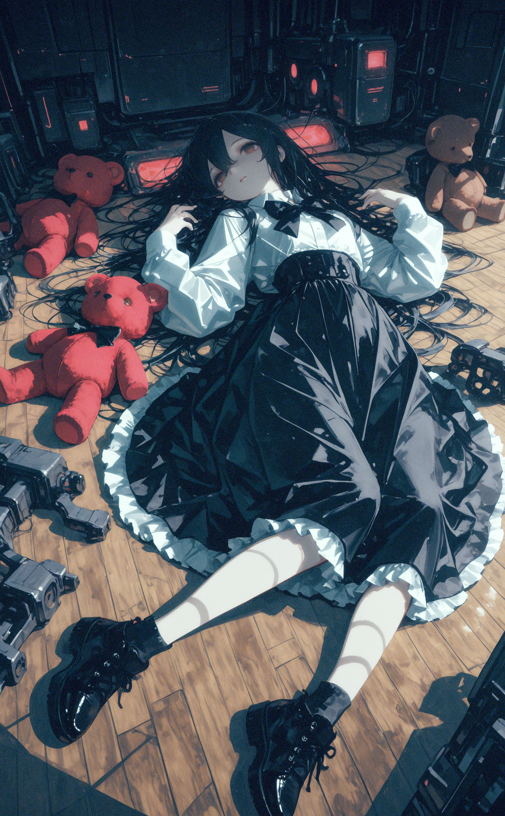 masterpiece, best quality, amazing quality, 1girl, solo, long hair, looking at viewer, shirt, skirt, black hair, long sleeves, bow, hair between eyes, very long hair, brown eyes, white shirt, parted lips, lying, shoes, collared shirt, solo focus, bowtie, black skirt, on back, black footwear, black bow, shadow, stuffed toy, frilled skirt, stuffed animal, high-waist skirt, black bowtie, empty eyes, teddy bear, wooden floor, on floor, multiple others, disembodied limb, glowing, science fiction, machinery,wide shot, cyberpunk, <lora:ponyv6_noobE11_2_adamW-000017:0.45> <lora:USNR_STYLE_ILL_V1_lokr3-000024:0.7> <lora:XXX667:0.3> <lora:lpc_v10:0.7>