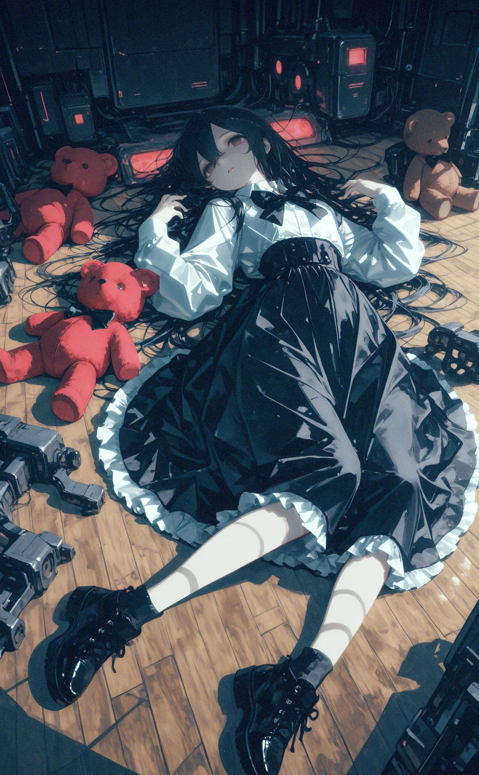 masterpiece, best quality, amazing quality, 1girl, solo, long hair, looking at viewer, shirt, skirt, black hair, long sleeves, bow, hair between eyes, very long hair, brown eyes, white shirt, parted lips, lying, shoes, collared shirt, solo focus, bowtie, black skirt, on back, black footwear, black bow, shadow, stuffed toy, frilled skirt, stuffed animal, high-waist skirt, black bowtie, empty eyes, teddy bear, wooden floor, on floor, multiple others, disembodied limb, glowing, science fiction, machinery,wide shot, cyberpunk, <lora:ponyv6_noobE11_2_adamW-000017:0.45> <lora:USNR_STYLE_ILL_V1_lokr3-000024:0.7> <lora:XXX667:0.3> <lora:lpc_v10:0.7>