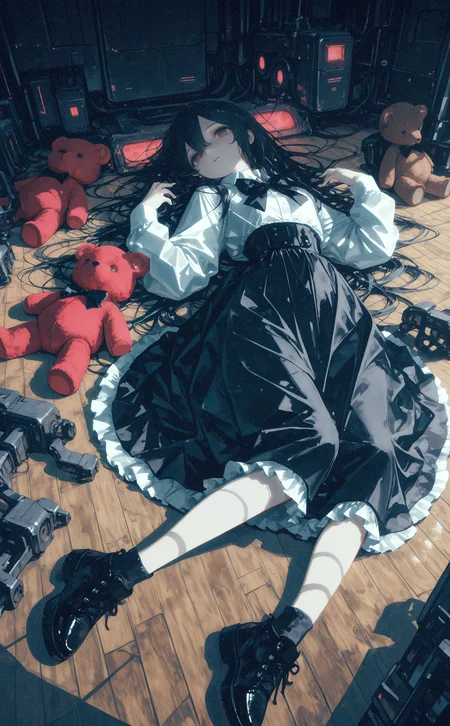 masterpiece, best quality, amazing quality, 1girl, solo, long hair, looking at viewer, shirt, skirt, black hair, long sleeves, bow, hair between eyes, very long hair, brown eyes, white shirt, parted lips, lying, shoes, collared shirt, solo focus, bowtie, black skirt, on back, black footwear, black bow, shadow, stuffed toy, frilled skirt, stuffed animal, high-waist skirt, black bowtie, empty eyes, teddy bear, wooden floor, on floor, multiple others, disembodied limb, glowing, science fiction, machinery,wide shot, cyberpunk, <lora:ponyv6_noobE11_2_adamW-000017:0.45> <lora:USNR_STYLE_ILL_V1_lokr3-000024:0.7> <lora:XXX667:0.3> <lora:lpc_v10:0.7>
