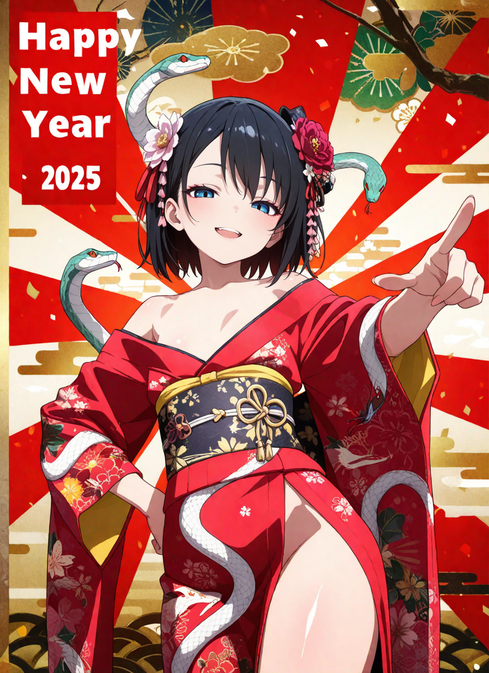 best quality, masterpiece, anime_screencap, hi res, best_quality, very aesthetic, absurdres, 8k, tlwy, 1girl, solo,
female_focus, slender,
small_breasts, flat_chest,
smile, happy, open_mouth,
pointing_at_viewer, winking_at_viewer, hand on hip, hair ribbon,
japanese_clothes, kimono, print kimono, obi, obijime, kanzashi, hair flower, nengajou, happy new year, chinese zodiac, 2025 , snake,  sunburst background, new year, revealing clothes, from below,, , parted lips, half closed eyes,,, <BREAK> , masterpiece, amazing quality, best quality, ultra-detailed, 8K, illustration, CG, clear skin, ultra-detailed-eyes, soft skin, shiny skin, shiny hair, very awa, very as2, anime coloring,
