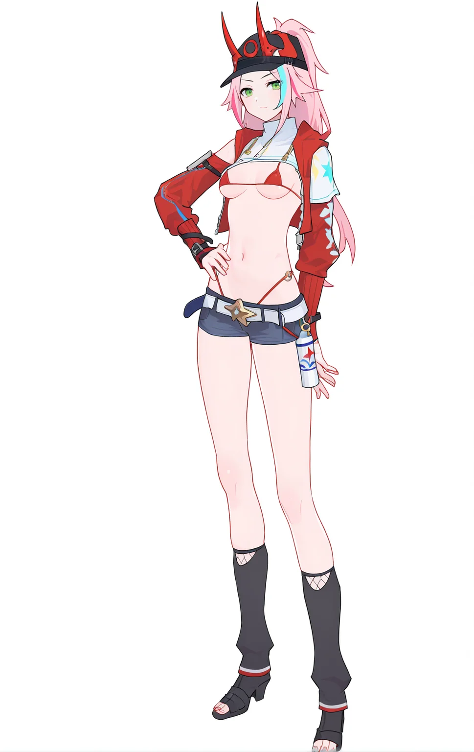 score_9, score_8_up, score_7_up, score_anime,
A full-body portrait of a young girl, standing gracefully, pastel art style, high-key lighting, shoujo manga influence, hd quality, delicate details,
full body, full shot, standing, looking at viewer, (solo:1.2), simple background, white background, hand on own hip,
BREAK
<lora:rappa-pony-Tanger-000019:0.7>, rappa, baseball cap, 1girl, green eye , navel, pink hair, horns, belt, multicolored hair,medium breasts,
micro bikini,
cowboy shot,
BREAK
TEST, masterpiece, best quality,