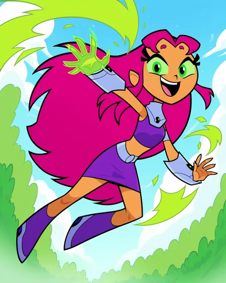 score_9, score_8_up, 1girl, solo, starfire (/teen titans go)/, tan skin, flying, dynamic pose, happy, looking at viewer, green energy around hands, dynamic view, dynamic angle, outdoors, sky, <lora:Starfire_TTGO_PDXL:1>