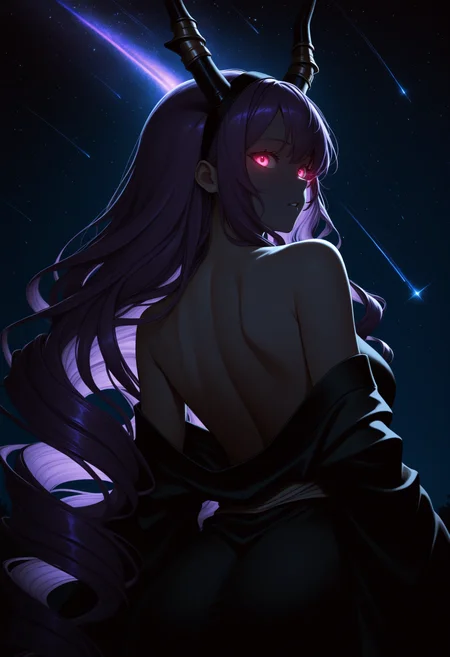 masterpiece, best quality, 1girl, solo, Typh0n, pink eyes, purple hair, very long hair, drill hair, hairband, horns, from behind, black kimono, off shoulder, shoulder blades, looking back, parted lips, night, dark theme, high contrast, glowing eyes, starry sky, shooting star, <lora:ChamTyphonNoob:1>