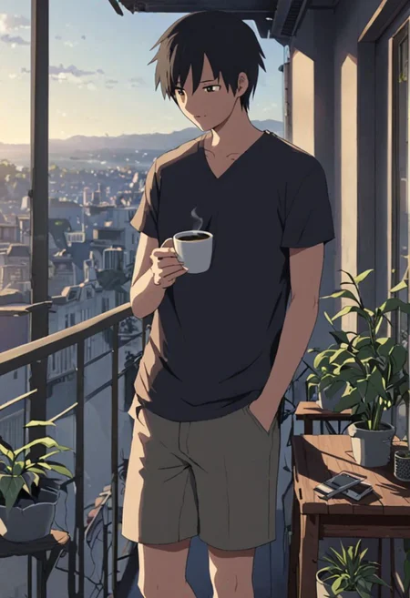 Highres, Masterpiece, High Quality, 4K, 8K, solo, 1Boy, Takaki Toono, adult, black hair, short hair, home balcony, city view, small table, balcony chair, houseplants, fresh air, morning, breeze, soft sunlight, calm, peaceful, holding a cigarette, cup of coffee, v-neck t-shirt, shorts, relaxing, enjoying moment, ashtray, coffee cup, easynegative, detailed_eye_model