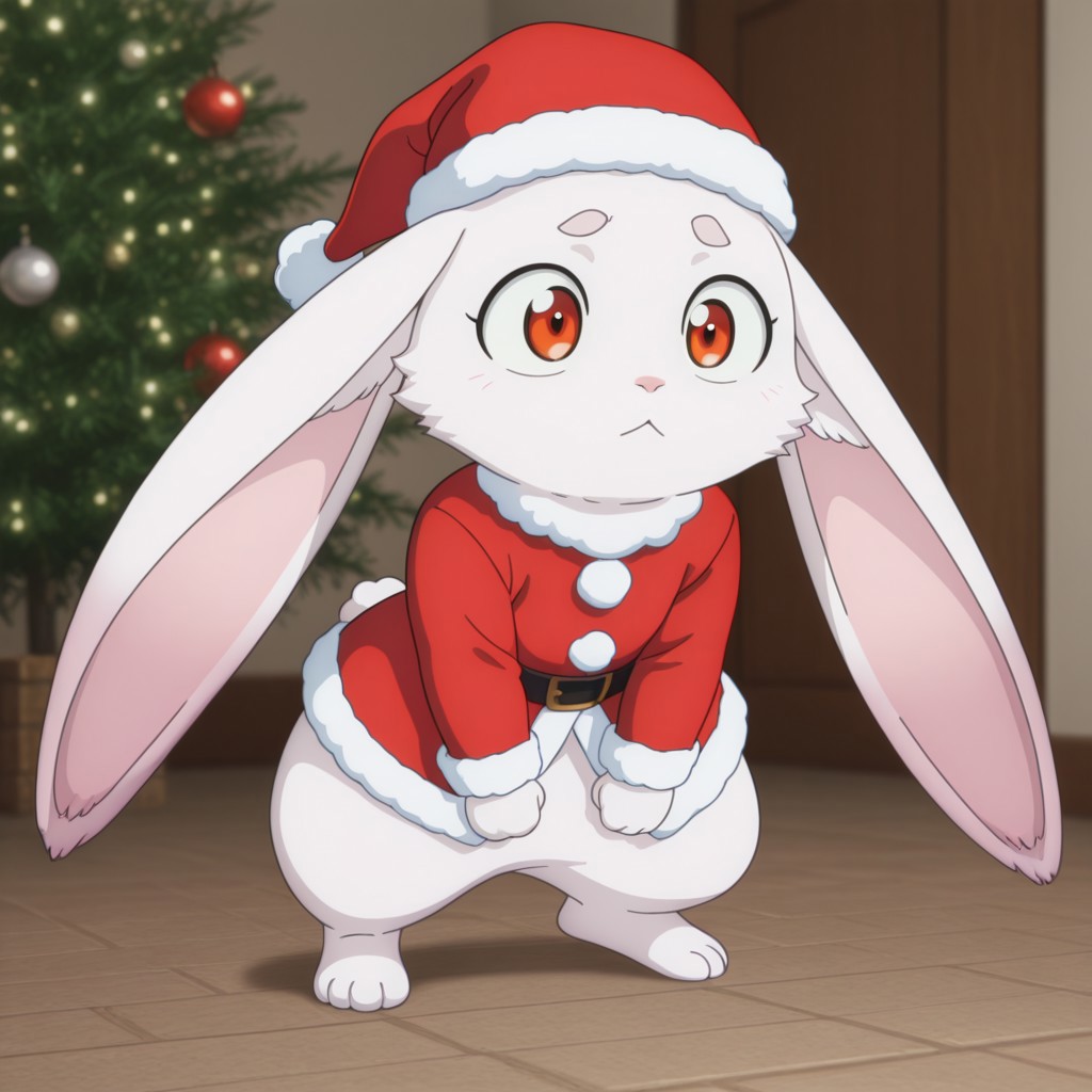 masterpiece, best quality, amazing quality, emulslfILv2, semi-anthro, female, rabbit, white fur, reddish orange eyes, santa outfit, red hat, solo