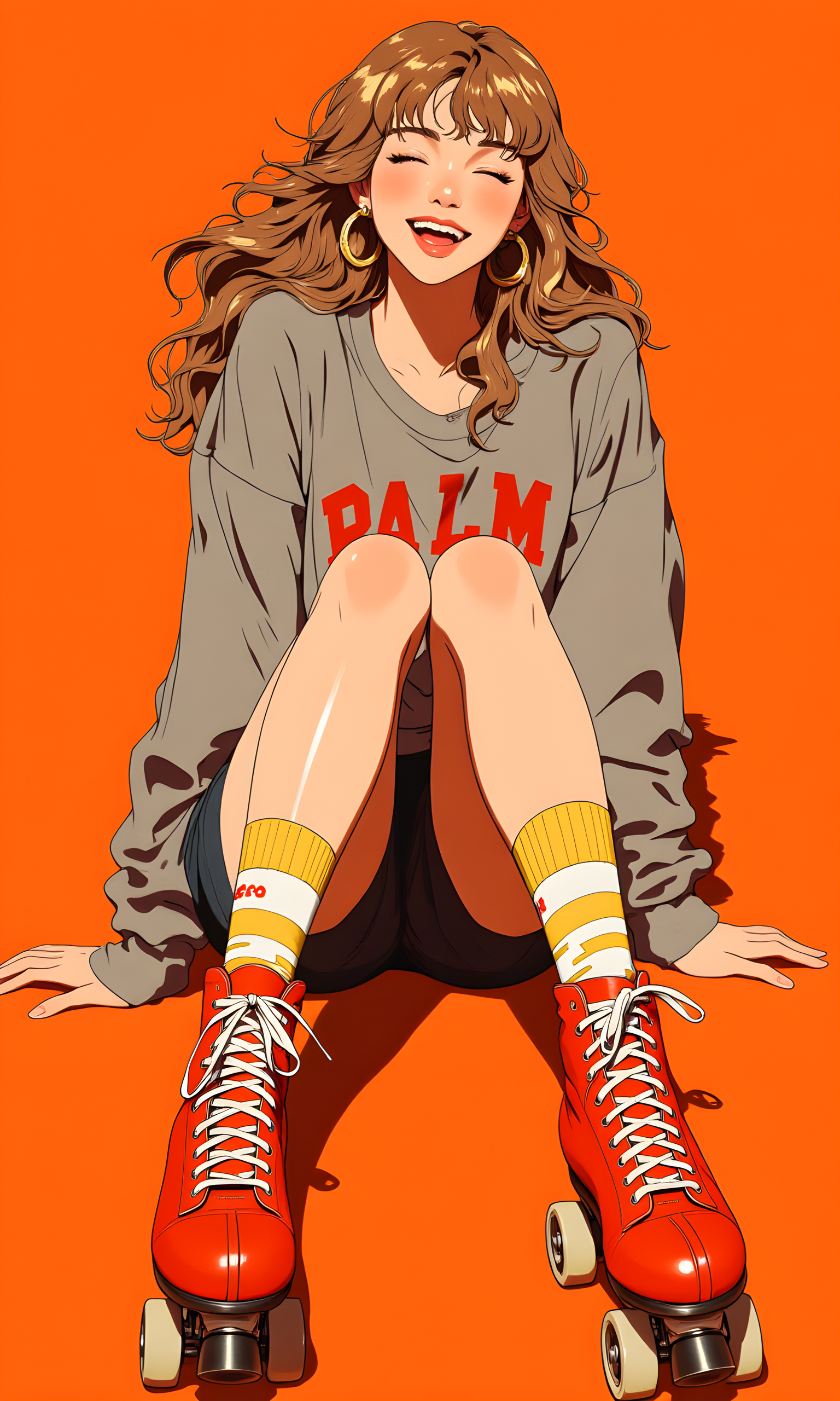 The image features a woman sitting on the floor against a vibrant orange background. She has long, wavy hair with highlights, giving it a light brown to blonde ombre effect. Her face is lit up with a bright, joyful smile, and her eyes are closed in a moment of happiness or laughter. She is wearing large hoop earrings that add a touch of elegance to her casual look.
She is dressed in a gray sweatshirt with red lettering that reads "PALM," which is partially visible. The sweatshirt is loose-fitting, adding to the relaxed vibe of the image. Her legs are bent at the knees, and she is wearing red roller skates with white laces and yellow and white striped socks. The socks have a retro feel, complementing the overall nostalgic aesthetic of the image.
The camera appears to be positioned slightly above her, capturing her from a frontal angle. The lighting is even and bright, highlighting her features and the colors of her clothing and accessories. The orange background provides a warm and cheerful backdrop, enhancing the overall positive mood of the image.
There are no other objects or elements in the background, keeping the focus solely on the woman and her outfit. The composition centers her in the frame, with her legs and roller skates drawing attention due to their bright colors and unique style. The overall effect is one of fun and carefree enjoyment, capturing a moment of pure happiness.
BREAK anime, d13s3lp2nk, bboil artist style, OBdonman, Anime art, <lora:FLUX\Anime Art V3:0.2>, <lora:FLUX\Synesthesia:0.2>, <lora:FLUX\RetroAnimeS1.1:0.5>, <lora:FLUX\Flux-jijia:0.1>, <lora:FLUX\It's a LoRA for portraits, BUT! actually specialized in backgrounds. v1.0:0.1>, <lora:FLUX\GLSHS:0.2>, <lora:FLUX\Dieselpunk Delight - s0_9 g4:0.4>, <lora:FLUX\OBdonman, anime0style portrait:0.1>