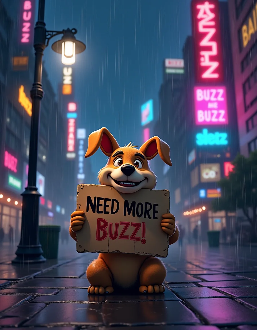 "A high-resolution, humorous digital artwork of an anthropomorphic dog begging for 'Buzz'. The dog character is holding a cardboard sign that reads 'Need More Buzz!' with a desperate expression. The scene takes place in a bustling city at night, with glowing neon signs on tall buildings in the background, all of which say 'Buzz' in vibrant colors. Rain pours down, soaking the dog, who is sitting under a dim streetlight. The wet pavement reflects the neon lights, adding dramatic contrast. The mood is a mix of comedy and slight desperation, with a cartoonish and exaggerated art style."