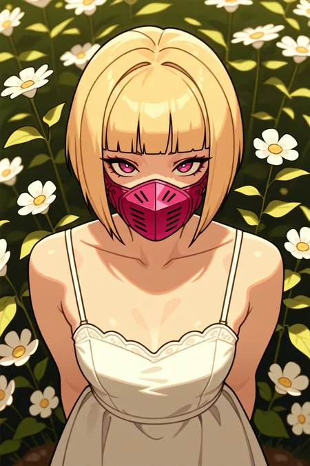 masterpiece, best quality, absurdres,
<lora:ILERKiwi:0.8>
ERKiwi, 1girl, blonde hair, short hair, blunt bangs, mask, looking at viewer, in spring,seasonal flower,seasonal background,flower background, posing