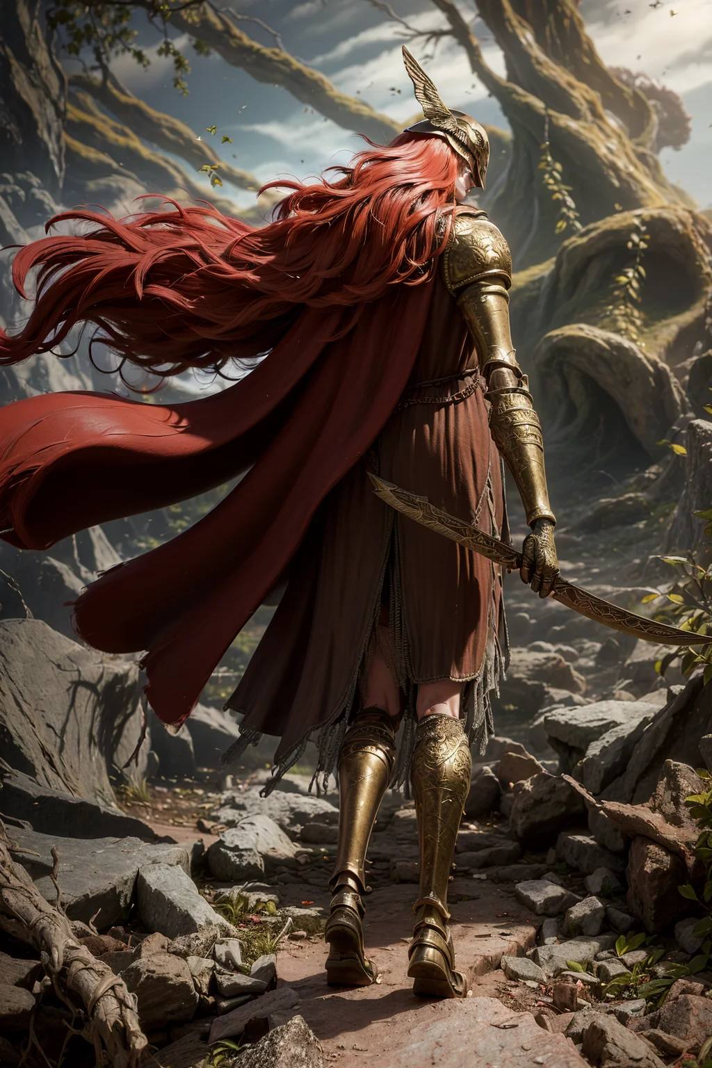 (eldenring\(type2\):1.8), eldenring\(malenia\), (8k, RAW photo, best quality, masterpiece:1.2), (realistic, photo-realistic:1.37),winged helmet, very long hair, dress, 1girl, (long red cape:1.3), solo, mecha right arm, mecha left leg, upper body, (cursed_left_arm), very long hair, red hair, red cape, dress, covered eyes, closed mouth, full body,(right hand prosthesis:1.3), (((left hand is nature))), ((prosthesis left leg:1.2)),(right leg is nature:1.1), holding ((malenia_blade)) in right hand, face to the viewer, , tattoo, butterfly,((bug)),golden mark on the cape, standing, ((bare foot covered by armor)), looking at aiming at viewer, s(simple background, white background:1.3), (multiple views of same character), (same clothes:1.3), (same hair style:1.3),masterpiece, best quality, charturnerv2,