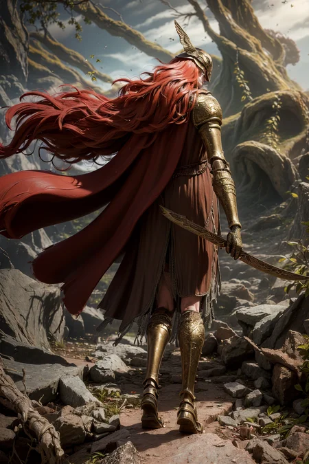 (eldenring\(type2\):1.8), eldenring\(malenia\), (8k, RAW photo, best quality, masterpiece:1.2), (realistic, photo-realistic:1.37),winged helmet, very long hair, dress, 1girl, (long red cape:1.3), solo, mecha right arm, mecha left leg, upper body, (cursed_left_arm), very long hair, red hair, red cape, dress, covered eyes, closed mouth, full body,(right hand prosthesis:1.3), (((left hand is nature))), ((prosthesis left leg:1.2)),(right leg is nature:1.1), holding ((malenia_blade)) in right hand, face to the viewer, , tattoo, butterfly,((bug)),golden mark on the cape, standing, ((bare foot covered by armor)), looking at aiming at viewer, s(simple background, white background:1.3), (multiple views of same character), (same clothes:1.3), (same hair style:1.3),masterpiece, best quality, charturnerv2,