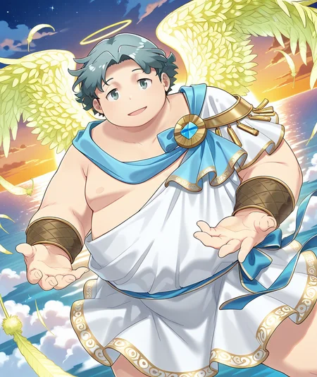 vibrant, detailed, detailed_background, amazing quality, best quality, <lora:Loren-15:1> lahloren, 1boy, plump, floating, green gradient long wings, plump, cloud, horizon, celestial, dynamic angle, falling feathers, angel, sunset, looking at viewer,
ancient greek clothes, greco-roman clothes, blue sash, white toga, shoulder_ornament, decorative_tassels, ornamental_brooch, brown bracer, blue paludamentum,