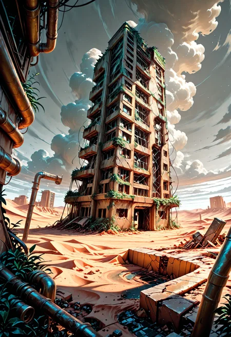 SmoothNoob_Quality, no humans, gray sky, ruins, post-apocalypse, destroyed building, horizon, broken bridge, desert, outdoors, overgrown, scenery, industrial pipe, <lora:Smooth_Booster:0.5> <lora:SLE_v2:0.5>