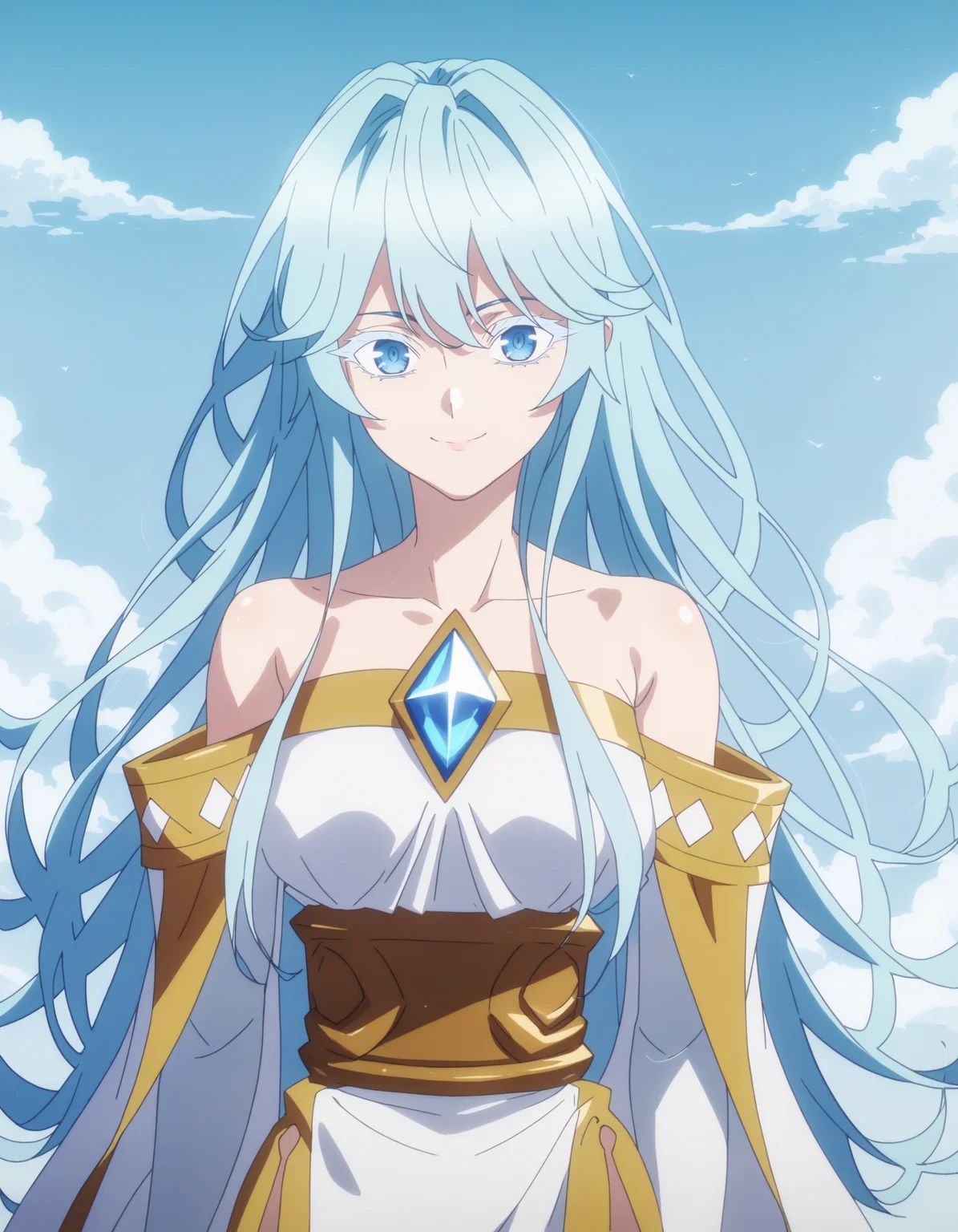 score_9, score_8_up, score_7_up, score_6_up, score_5_up, score_4_up, anime screencap
BREAK
elfaria_olis, 1girl, solo, light blue hair, long hair, colored eyelashes, blue eyes, chest jewel, off-shoulder dress, yellow sash, side cape, bridal gauntlets, pelvic curtain, looking at viewer, smile, closed mouth, upper body
BREAK
wind, wind lift
<lora:elfaria_Wistoria_ponyxl_v1_char:1> <lora:elfaria_Wistoria_ponyxl_v1_style:1>