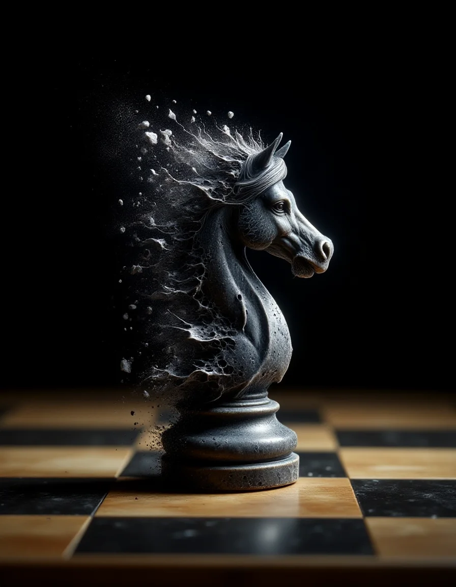 A hand-carved black knight chess piece, set on a polished wooden chessboard under dramatic studio lighting. In a ral-dissolve effect, the top of the knight begins to fragment into jagged shards of black marble and faintly glowing white particles, which scatter into the HDR-lit air. The reflections on the chessboard add realism to the scene, with light bouncing off the glossy surface of the dissolving piece.
<lora:ral-dissolve-flux_000005000:1>