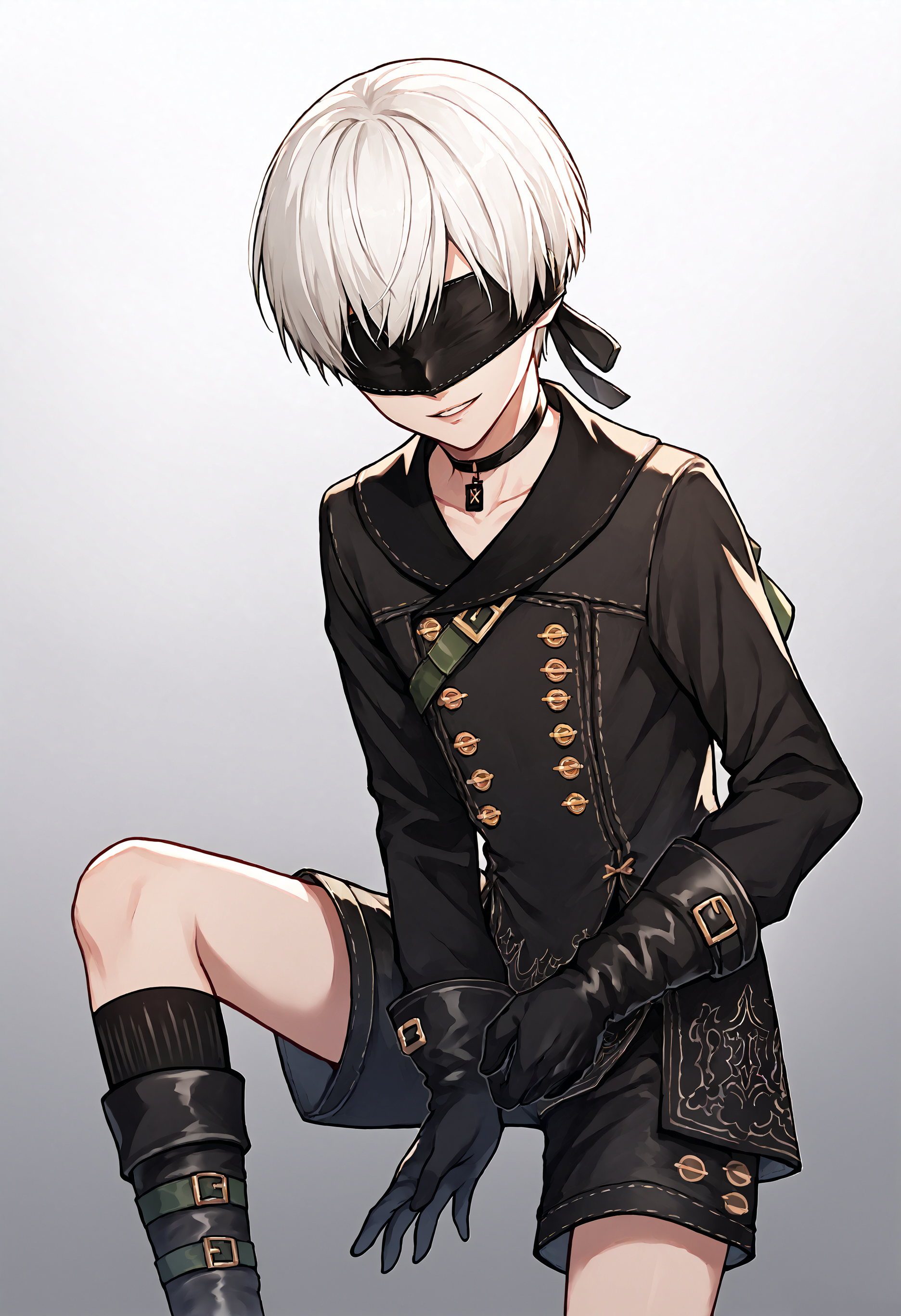score_9, score_7_up, source_anime, uncensored, cowboy shot, head tilt, sideways, gradient background, (timeless:1.1), leaning forward,
<lora:NierAutomata_9S_v1.0:1> 9S, 9s (nier:automata), 1boy, blindfold, gloves, choker, shorts, black gloves, white hair, boots, black blindfold, black choker, short hair, kneehighs, long sleeves, parted lips, smile, black jacket, double-breasted, jacket, buttons