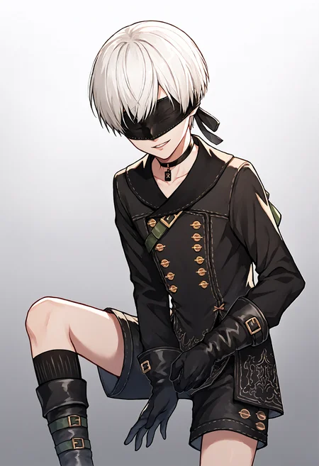 score_9, score_7_up, source_anime, uncensored, cowboy shot, head tilt, sideways, gradient background, (timeless:1.1), leaning forward,
<lora:NierAutomata_9S_v1.0:1> 9S, 9s (nier:automata), 1boy, blindfold, gloves, choker, shorts, black gloves, white hair, boots, black blindfold, black choker, short hair, kneehighs, long sleeves, parted lips, smile, black jacket, double-breasted, jacket, buttons