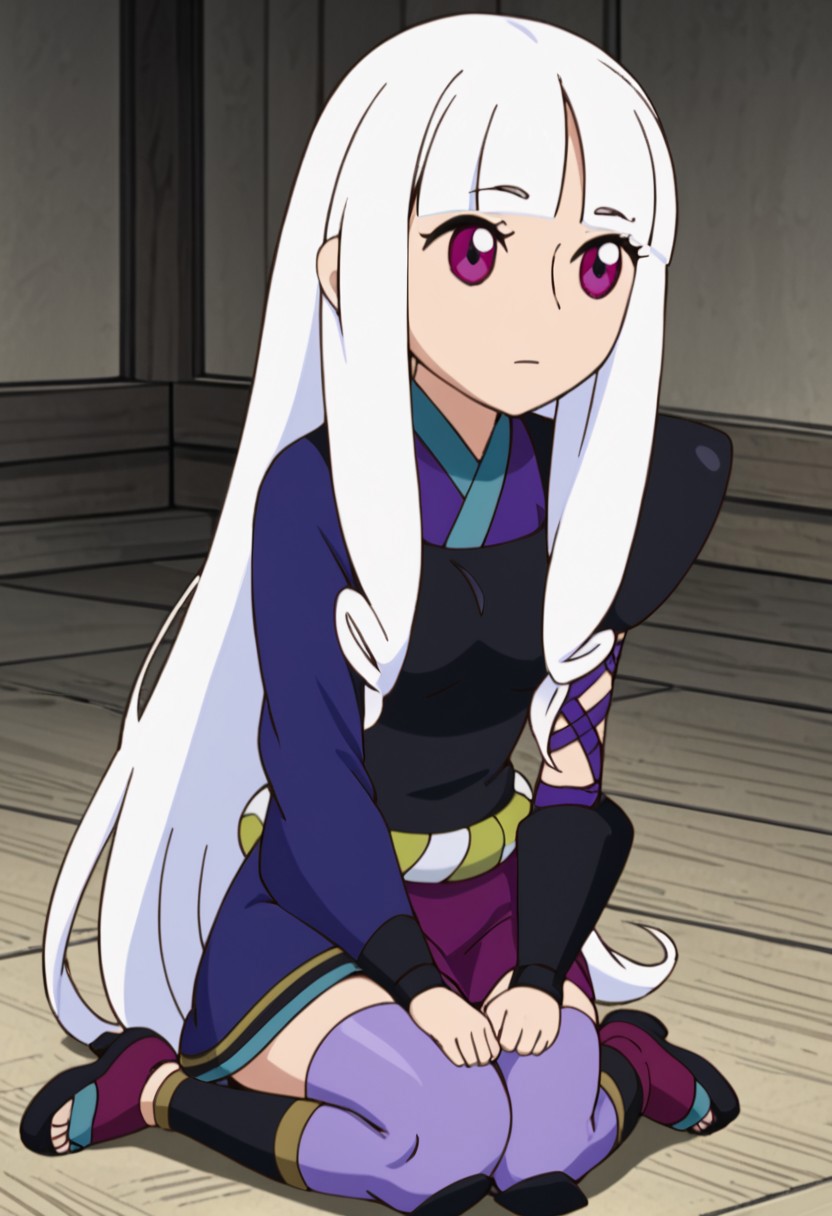 Togame, white hair, purple eyes, blunt bangs, long hair, Japanese clothes, full body, seat on knees, look up, the pelvis fell on the head, itai