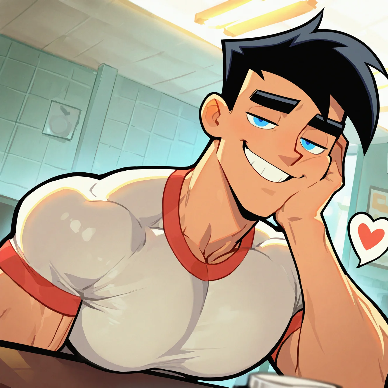<lora:DANNYP:1>
dannyp, solo, smile, short hair, blue eyes, shirt, black hair, looking at viewer, 1boy, white shirt, male focus, short sleeves, heart icon, muscular, big pectorals, milk shake, restaurant, mature male, muscular male, teeth, indoors, blurry, grin, half-closed eyes, t-shirt, meme, hand on own face, tiles, smug,
, motion blur, film grain, abstract, natural lighting, fantasy, cinematic, dynamic view, tilted angle, very awa, masterpiece, best quality, absurdres, newest, perfect quality, detailed background, intricate details, (artist:fl \(l-fl\):0.7), (artist:tooboshoo:0.7), (artist:dizdoodz:0.8)