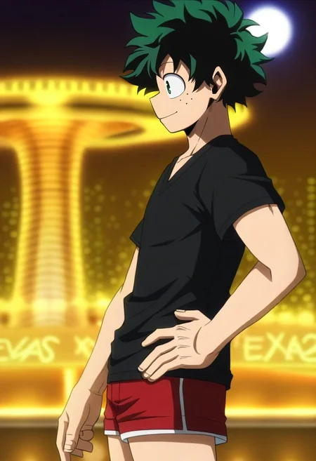 masterpiece, best quality, , anime screencap, anime coloring, , , depth of field, 1boy, solo, male focus, <lora:izuku_midoriya_ilxl:0.74>, izuku_midoriya, green hair, green eyes, short hair, from side, las vegas, casino, night, full moon, hand on hip, seductive smile, bermuda shorts,