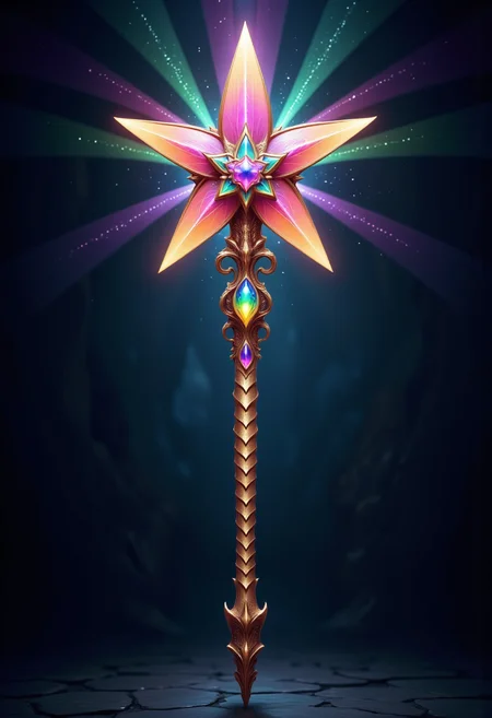 a star wand, game item, scaled gilded handle, jets of multicolor lights emit from the top with a glowing rainbow jeweled handle
