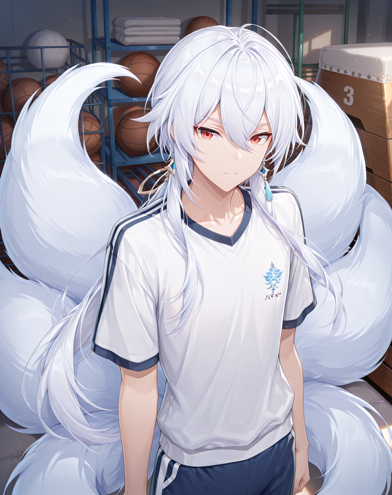 masterpiece, best quality, absurdres, very aesthetic,
1boy, solo, yaoi, male focus,
looking at viewer, cowboy shot, standing,
<lora:AsinT_FSI:1> asintfsi, red eyes, hair between eyes, long hair, white hair, fox tail, multiple tails,
gym uniform, gym shorts, gym shirt,
indoors, gym storeroom, gym,