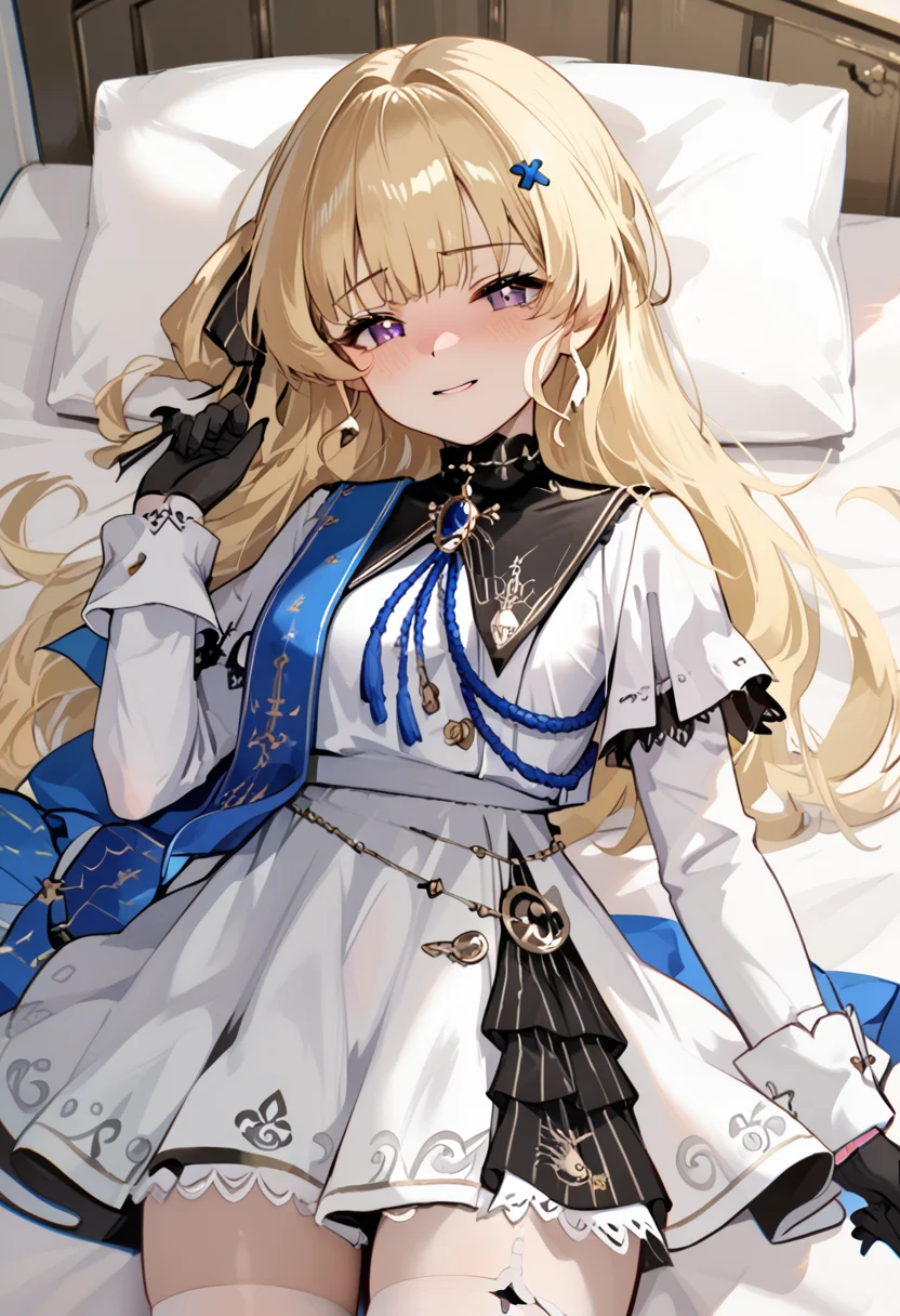 score_9, score_8_up, score_7_up, BREAK source_anime, (masterpiece), (best quality), 1girl, blonde hair, purple eyes, long hair, black gloves, solo, smile, lied on bed, white dress, missionary pose, long sleeves, hair ornament, embarrassed, blushed, looking at viewer, (ultra detailed), (from front:1.3), <lora:Phoebe-V1:1>