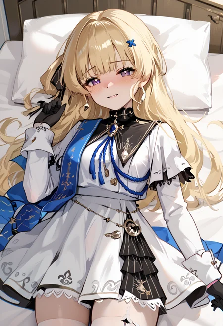 score_9, score_8_up, score_7_up, BREAK source_anime, (masterpiece), (best quality), 1girl, blonde hair, purple eyes, long hair, black gloves, solo, smile, lied on bed, white dress, missionary pose, long sleeves, hair ornament, embarrassed, blushed, looking at viewer, (ultra detailed), (from front:1.3), <lora:Phoebe-V1:1>