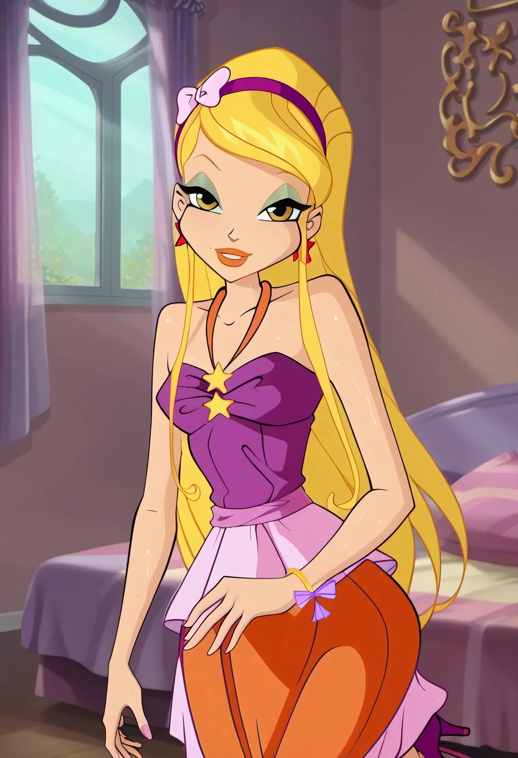 score_9, score_8_up, score_7_up, realistic, realism, HD, perfect quality, 16k, very detailed, realistic lighting, photo, photorealistic, realistic detailed face, BREAK, (((good_hands))), (((perfect eyes, bedroom eyes, (light smile:0.5)))), BREAK, solo, 1girl, (((Winx Club Season 5, Stella, blonde hair, long hair, yellow eyes, blonde hair, orange lips, mint eyeshadow, ))), ((sweaty skin:1.2)), sensual eyes, looking at viewer, nervous, seductive, medium body size, slightly small neck, plumb body, voluptuous hips and thighs, curvy body size, (((medium breasts, wide hips, microwaist, big ass))), nooganugnugs, perfect thighs, perfect legs, anatomically correct, (obese female:-1.0), (plump saggy breasts:0.5), BREAK, 1girl, blonde hair, long hair, dress, hairband, jewelry, high heels, closed eyes, earrings, purple footwear, smile, solo, makeup, very long hair, bracelet, bow, lipstick, 