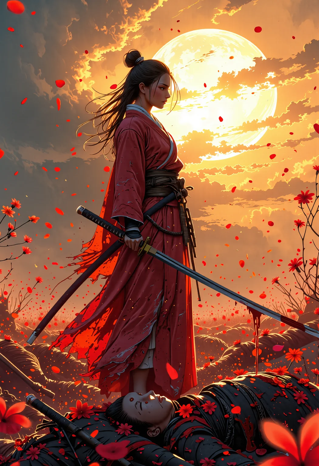 anime style, mythp0rt,In the aftermath of a fierce battle, a beautiful female warrior stands tall in the center of a blood-stained battlefield. Her body is surrounded by the fallen, yet her presence remains serene, almost ethereal, as if she is untouched by the violence that surrounds her. The first light of dawn breaks through the dark clouds, casting a golden glow over her figure, illuminating her like a blooming flower in the midst of chaos. Her katana, dripping with blood, hangs loosely in her hand, yet her expression is calm, focused, and resolute. Around her, the wind gently stirs, carrying the scent of both blood and blossoming flowers. The contrast between the gore and the soft light of dawn creates an atmosphere of quiet strength, beauty, and the inevitability of rebirth even in the darkest of moments <lora:FluxMythP0rtr4itStyle:0.5> <lora:MJanime_Flux_LoRa_v3_Final:1> <lora:Sword Sakura:0.77>