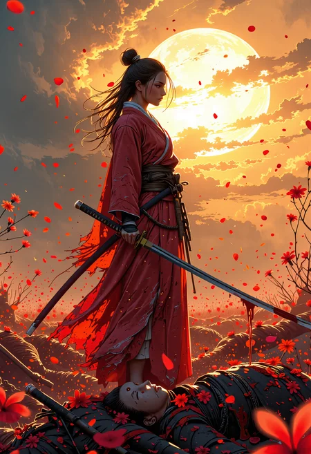 anime style, mythp0rt,In the aftermath of a fierce battle, a beautiful female warrior stands tall in the center of a blood-stained battlefield. Her body is surrounded by the fallen, yet her presence remains serene, almost ethereal, as if she is untouched by the violence that surrounds her. The first light of dawn breaks through the dark clouds, casting a golden glow over her figure, illuminating her like a blooming flower in the midst of chaos. Her katana, dripping with blood, hangs loosely in her hand, yet her expression is calm, focused, and resolute. Around her, the wind gently stirs, carrying the scent of both blood and blossoming flowers. The contrast between the gore and the soft light of dawn creates an atmosphere of quiet strength, beauty, and the inevitability of rebirth even in the darkest of moments <lora:FluxMythP0rtr4itStyle:0.5> <lora:MJanime_Flux_LoRa_v3_Final:1> <lora:Sword Sakura:0.77>