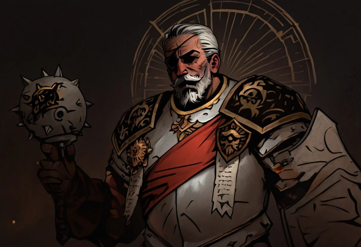 masterpiece, best quality, newest, absurdres, highres, DD2Style-IL.V1.0, shaded eyes, black eyes,
MAA-V1.1, 1boy, old man, armor, eyepatch, white hair, mustache, facial hair,