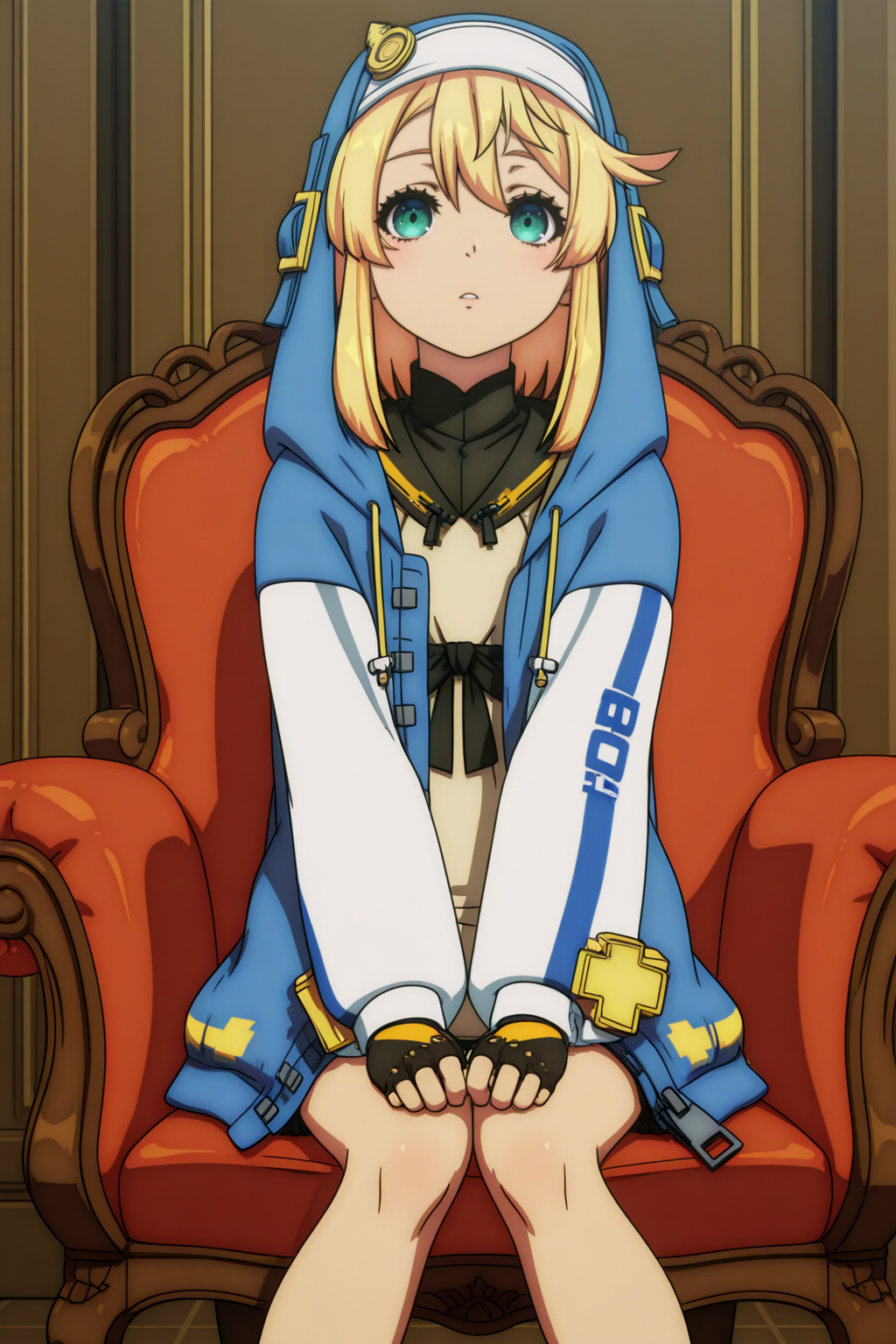 anime style, anime coloring,  Bridget, otoko no ko, Symmetrical framing to create a sense of balance and elegance., Sitting on a chair with legs spread apart <lora:Guilty_Gear_Strive_-_Dual_Rulers_-_Bridget_-_illustrious:0.8>