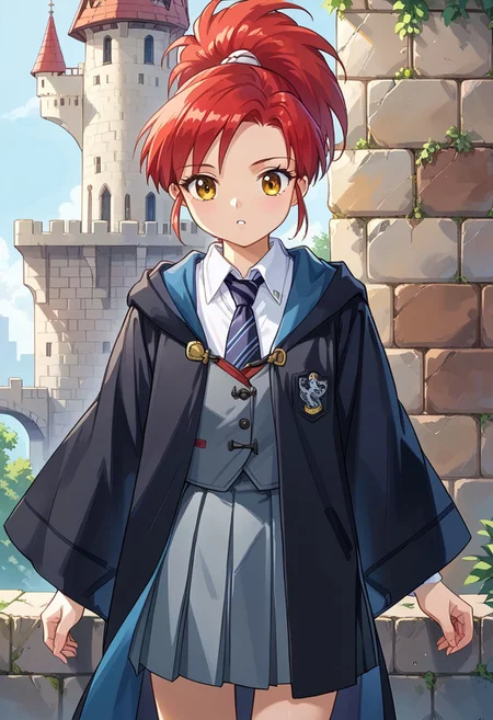 score_8, score_8_up, score_7_up, source_anime, official art, anime screenshot BREAK female focus, solo, 1girl, Elie_Lunar, red hair, ponytail, sidelocks, EPRobeRavenclaw, wearing EPRobeRavenclaw, collared shirt, open robe, white shirt, emblem, grey skirt, black robe, blue necktie, striped necktie, grey vest, wide sleeves, long sleeves, hood down, skirt, pleated skirt, stone wall, castle interior, looking down, amazed expression