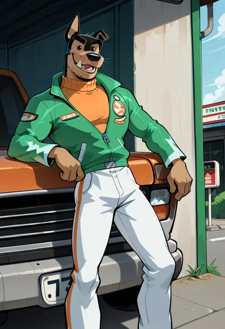 Masterpiece, best quality, high quality, detailed, Buddy Thunderstruck, broad shoulders, mature male, black eyes, black body, tan underbelly, athletic build, anthro, fangs, dog, animal ears, 1 droopy ear, square snout, stubble, orange turtle neck, green jacket, white pants, smiling, looking at viewer, half body, gas station, outdoors