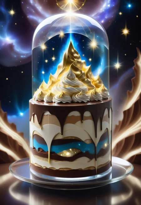 a tiramisu cake inside a thin glass, surrounded with golden stardust mist and cocoa powder, detailed with blue aura quartz by jed-auraquartz