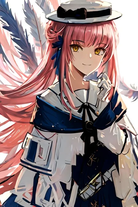 solo_focus, 1girl, ((white background, simple background)):2, (((masterpiece))), ((best quality)), ((ultra-detailed)), high resolution, absurdres, highres, ultra-detailed 8k unity wallpaper,
ceylon_arknights, long_hair, bangs, pink_hair, feather_hair, feathers, hat, white_headwear, yellow_eyes, blue_feathers, bow, hair_bun, hat_bow, smile, black_bow