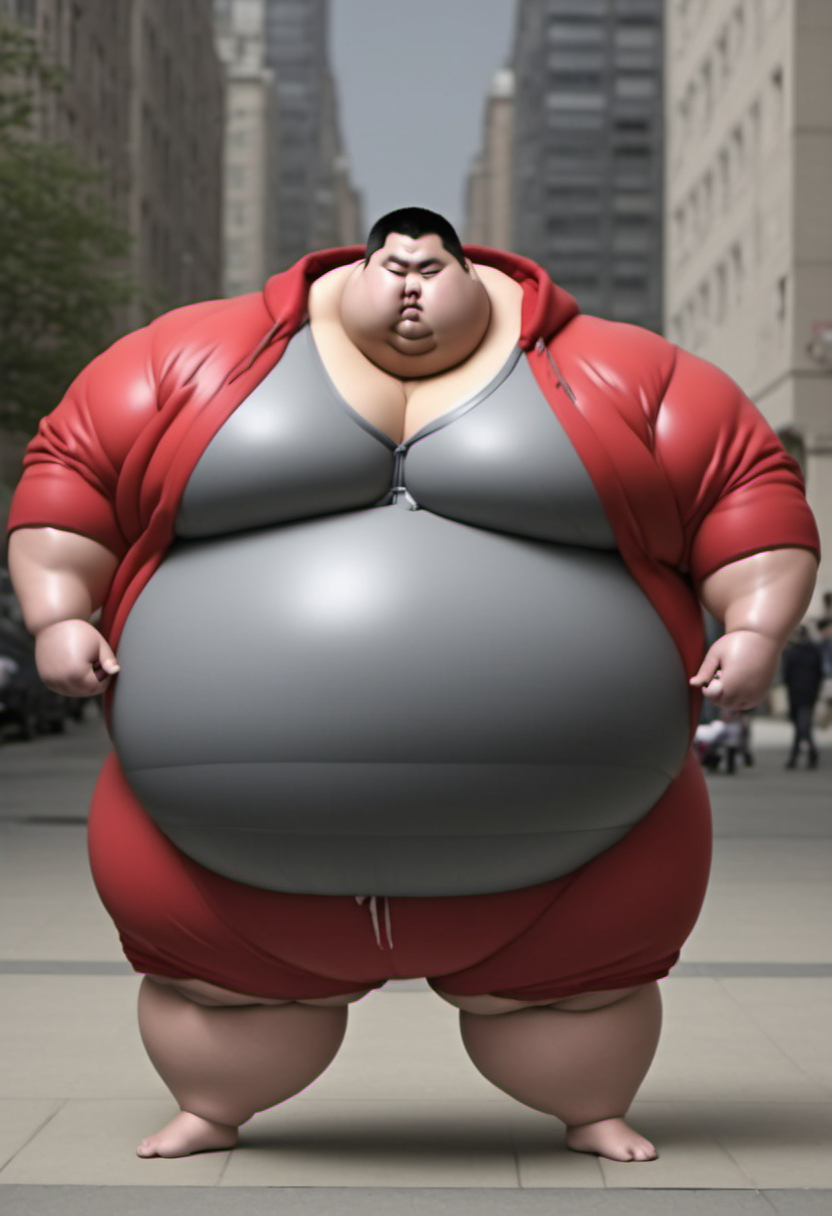 <lora:runga8:0.8>male focus, 1boy, superchub, big belly, sumo, solo, standing,  thick arms, full body, fat, black hair, fat man,in city,red hoody,