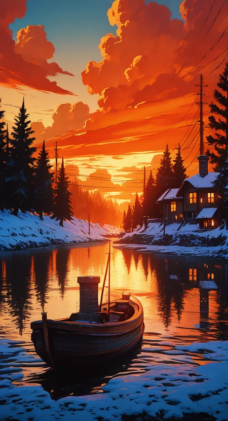masterpiece, best quality, good quality, very awa, very aesthetic, absurdres, newest, outdoors, sky, cloud, water, tree, no humans, window, cloudy sky, building, scenery, nature, snow, reflection, forest, sunset, watercraft, house, winter, power lines, river, evening, boat, lake, orange sky, orange theme, reflective water, chimney, pine tree, pier, retro_artstyle, retro <lora:ponyv6_noobV1_2_adamW-000017:0.7> <lora:USNR_STYLE_XL_lokr:0.45> <lora:retro_scifi_artstyle_illustriousXL-000021:0.7>