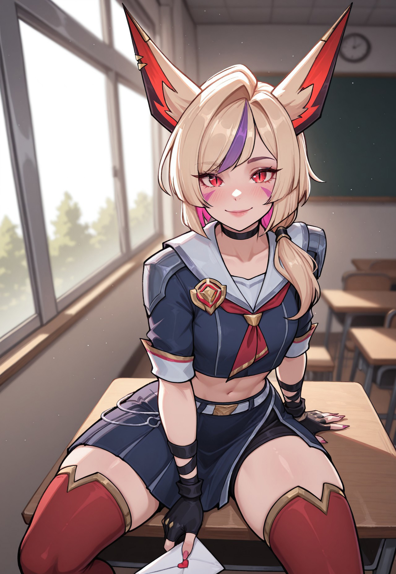 masterpiece, best quality, very aesthetic, dynamic pose, perspective, ultra-detailed, highly detailed, cinematic lighting, realistic shading, intricate details, soft lighting, high contrast, depth of field, LOLBAXayah, 1girl, animal ears, animal ear piercing, low side ponytail, two-tone hair, blonde hair, purple hair, red eyes, slit pupils, purple facial mark, bird legs, pink nail polish, sharp fingernails, black choker, badge, sailor collar, red neckerchief, blue cropped shirt, midriff, black bandages, black fingerless gloves, white belt, belt chain, blue miniskirt, side slit, black shorts, shorts under skirt, red thighhighs, toeless legwear, holding love letter, looking at love letter, indoors, school, day, sitting on desk, smile, blush