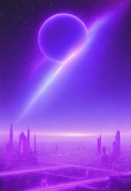 High quiality, high resolution, high definition,
Magical city with skyscrapers, a planet with purple colors and lines that emit white light surrounded by a planet ring, with the view from behind a cat looking towards the city, citybkg, anime style, high ilumination, galaxy sky, calid colours, spacial station