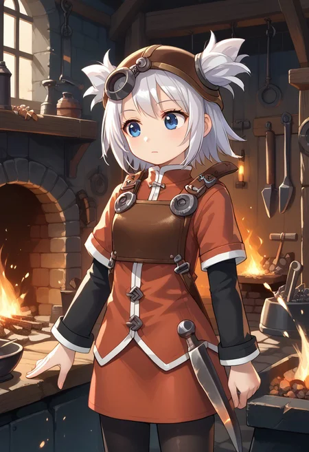 score_8, score_8_up, score_7_up, source_anime, anime screenshot BREAK 1girl, female focus, solo, pratty_scs, white hair, helmet, hair through headwear, two side up, bangs, sidelocks, short hair, blue eyes, Mandarin collar, red jacket, chest guard, red skirt, layered sleeves, short over long sleeves, sleeve cuffs, pantyhose, black pantyhose, standing, Forg3, Forge, Smithy, fire, furnace, kiln, anvil