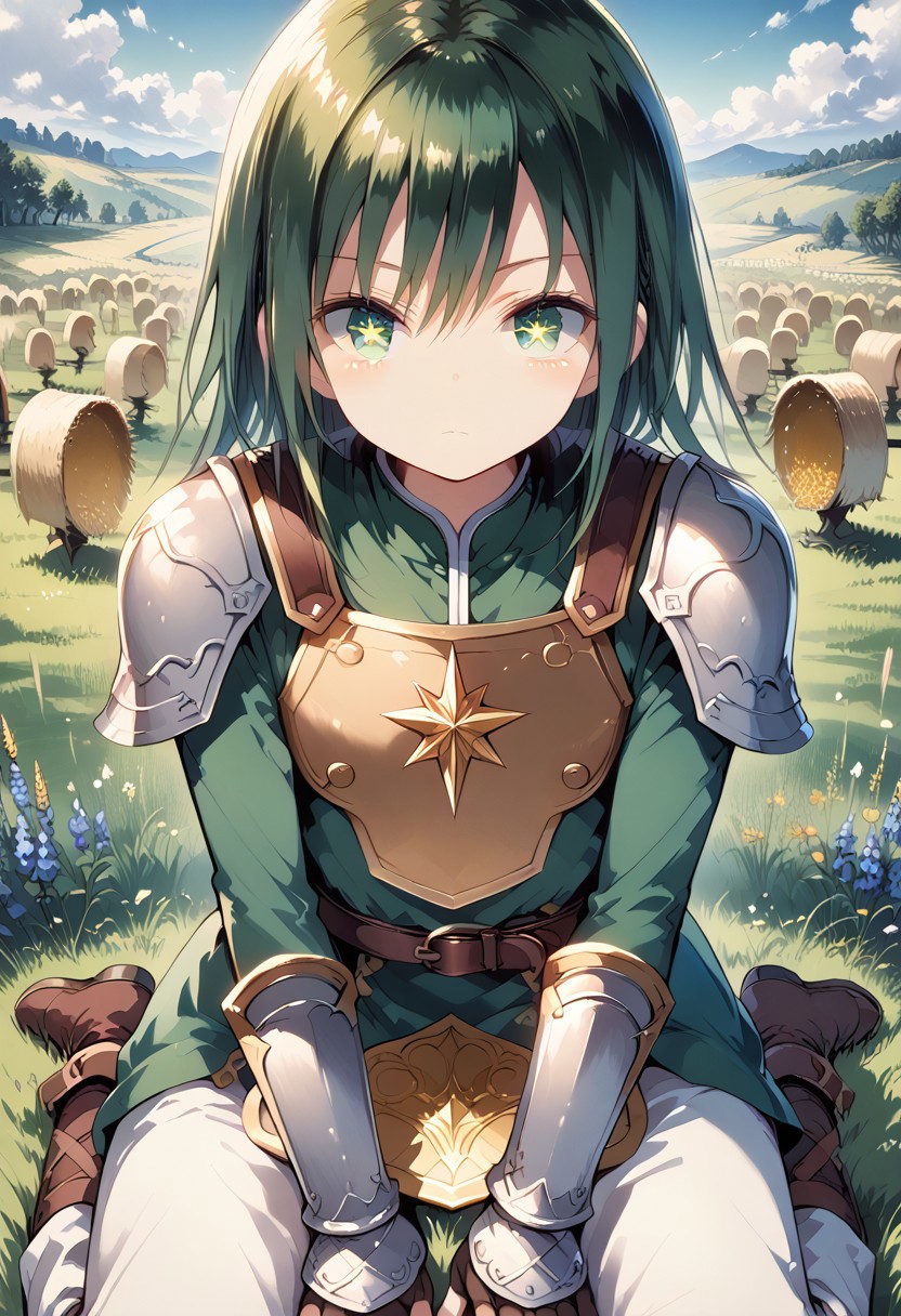 score_9, score_8_up, score_7_up, 1girl,FujisakaLP,high definition eyes, (masterpiece), (best quality), (ultra detailed),(disheveled hair),(illustration), (best shadow), detail1eye, sakuya, magicpunk style, incredibly absurdres, concept art, best quality, perfect lighting, illustration, vanishing point, sitting, looking at viewer, mature male character, 1boy, (no mouth:1.3), male focus, masculine, green hair, Dyed Bangs, sparkling eyes, wearing (fantasy style crotch plate and shin guards:1.1), field of wheat, finely detailed background, amazing background