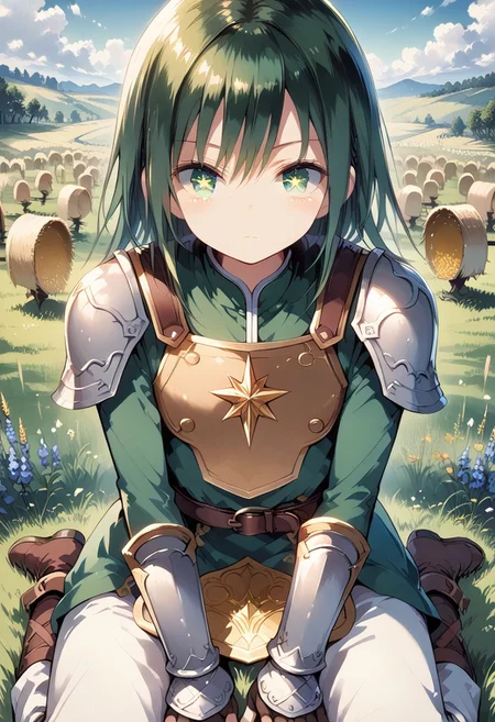 score_9, score_8_up, score_7_up, 1girl,FujisakaLP,high definition eyes, (masterpiece), (best quality), (ultra detailed),(disheveled hair),(illustration), (best shadow), detail1eye, sakuya, magicpunk style, incredibly absurdres, concept art, best quality, perfect lighting, illustration, vanishing point, sitting, looking at viewer, mature male character, 1boy, (no mouth:1.3), male focus, masculine, green hair, Dyed Bangs, sparkling eyes, wearing (fantasy style crotch plate and shin guards:1.1), field of wheat, finely detailed background, amazing background
