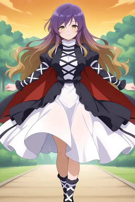 absurdres, highres, masterpiece, best quality, amazing quality, official anime artwork, screencap, anime screencap, outdoors, looking at viewer, light smile, dynamic pose,
 <lora:Byakuren-Hijiri_Illustrious:1> hijiri byakuren, 1girl, solo, yellow eyes, purple hair, long hair, multicolored hair, gradient hair, breasts,, layered dress, white dress, black dress, cross-laced clothes; long sleeves, puffy sleeves, black footwear, black cape,