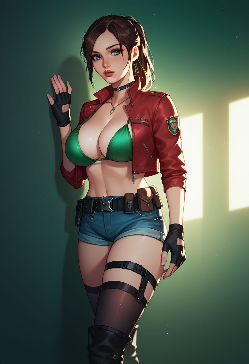 score_9, score_8_up, score_7_up, western cartoon, volumetric lighting, dramatic lighting, g0thicPXL, fFaceDetail, ultra detailed, beautiful face, (green ambient light:1.5), (big breasts:1.5), (1 girl:1.5), claire redfield, brown hair, ponytail, blue eyes, (police uniform:1.5), long sleeves, (bikini bra:1.5), (eyeshadow), (blue thigh highs), (cotton legwear:1.5), (black legwear:1.5), earrings, beautiful eyes, (tactical boots:1.5), (jean shorts:1.5), (military encampment:1.5), (choker), (ambient lighting), (fingerless gloves:1.5), (leg strap:1.5), (tactical belt:1.5), (focused expression:1.5), (training:1.5), (red jacket:1.5), (standing:1.5), (next to wall:1.5)