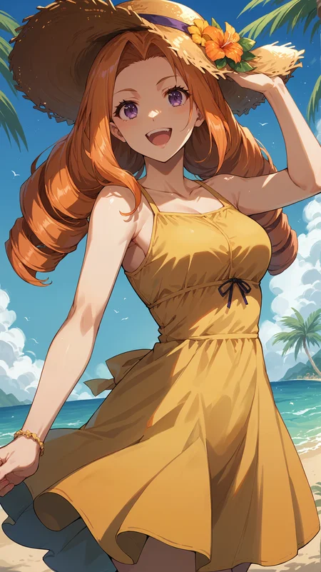 score_9,score_8_up,score_7_up,score_6_up, <lora:xl_more_art-full_v1:0.5>, source_anime, girl, dynamic pose, beckoning, <lora:Sheila Ibarss - Pony:0.8>, long hair, orange hair, purple eyes, drill hair, sidelocks, yellow sundress, straw hat, summer, vacation, harsh shadows, tropical, happy,