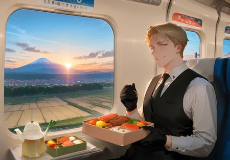 IllusP0s, PonyScores7, source_anime, ah1, IllustriousQual, interesting, exciting, spectacular, wonderful, amazing quality, absolutely eye-catching,  
BREAK <lora:xl_more_art-full_v1:0.2>, <lora:aesthetic_anime_v1s:0.2>, <lora:EpicF4nta5yXL:0.2>, <lora:detailxl:0.2>, detailxl, <lora:Fant5yP0ny:0.2>, amazing quality, best aesthetic, absurdres, illustration, Volumetric_Lighting, ultra-detailed, very aesthetic, intricate details, best_quality, lazympos, <lora:Add_Details_v1.2:0.2>, <lora:quality_modifiers_masterpieces_v1:0.2>, <lora:ZootPonyAnime_V1_r2:0.2>, <lora:Bestifacator2:0.2>, anime style,
BREAK ((skipping)),
BREAK Stable_Yogis_PDXL_Positives, <lora:Complicated fantasy portrait - XL Pony V2.0:0.2>, <lora:HDA_Detailer:0.3>, ((Eye-level angle, (from side), far from viewer)),
BREAK (((<lora:Caesar_Roses_And_Champagne_:1>, Caesar, 1boy, toned, athletic, fit))), <lora:shinyskin2:0.2>, glistening skin, <lora:perfection style:0.2>, perfection style, perfection, 
BREAK ((formal, necktie, white shirt, suit, black gloves, vest, black necktie)), 
BREAK ((parted hair, side-parted hair, right swept hair, side-swept hair, (short hair:1.7), blonde)), <lora:hairdetailpxl:0.2>, hairdetailpxl, 
BREAK ((angular face, sharp_featured face, handsome, charming, alluring)), blue eyes, expressive eyes, <lora:perfect-eyes:0.4>, perfecteyes, EyesHD, <lora:DetailedEyes_xl_bdsqlsz_V1:0.2>, <lora:Eyes_Lora_Pony_Perfect_eyes:0.2>, <lora:focusoneyes:0.2>, <lora:cinematic eye color style illustrious v1:0.2>, <lora:Eyes_High_Definition:0.2>, EyesHD,
BREAK ((evil smile)), <lora:Expressive_H:0.2>, Expressiveh, <lora:Emotional_Anime_Expressions_PonyXL_Concept:0.2>, emotional, <lora:Best_Facial_Expression_LoRA_PONY:0.2>, looking at viewer, <lora:Detailed expressive EXEV style -XL Pony V1.0:0.2>, FaceDetail,
BREAK (((<lora:ekiben:0.6>, ekiben, shinkansen, inside shinkansen, seat, table, window, train interior, scenery, outdoors, city, cityscape, building, house, reflection, day, sky, cloud, mountain, blue sky, landscape, grass, field, mountainous horizon, tree, river, train station, ground vehicle, forest, road, rice field, flooded rice field, sunset, evening, nature, sign, power lines, utility pole, car, street, town, mount fuji, factory, chimney, food, packages, box, bowl, plate, bento, lunch box lids, chopsticks, rice, vegetable, carrot, spring onion, beans, tamagoyaki, tempura, meat, sukiyaki, yakiniku, tonkatsu, pork cutlet, seaweed, seafood, crab, scallops, clams, shellfish, salmon roe, salmon, shrimp, conger eel, sea urchin, fruit, ocha, plastic teapot, beer, can))), <lora:Background Detailer - SDXL:0.2>, 4k, 8k, Ultra HD, Masterpiece, Best quality, Detailed background, <lora:Add_more_details_V2_XLpony:0.2> full_details, <lora:background-type1:0.2>, <lora:AddMicroDetails_Illustrious:0.2>, addmicrodetails, SmoothNoob_Quality,