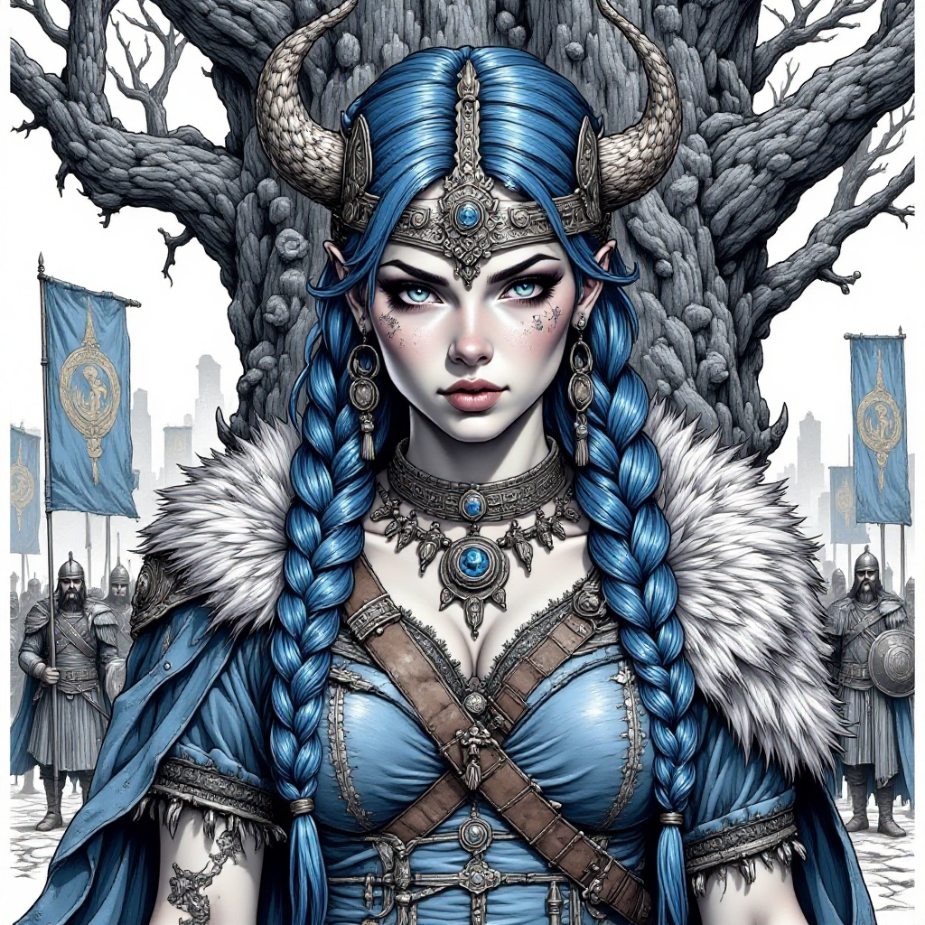 babel-pencil,portrait of a fierce Viking woman with long braided hair, wearing a detailed horned helmet and fur cloak, fierce blue eyes reflecting strength, in front of a massive ancient tree, intricate linework and shading, dramatic blue and gray color palette, atmospheric and mystical mood, warriors in the background with shields and banners, emphasizing bravery and valor, highly detailed, fantasy art style.