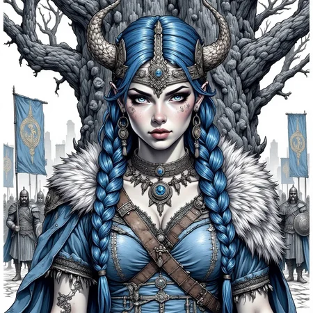 babel-pencil,portrait of a fierce Viking woman with long braided hair, wearing a detailed horned helmet and fur cloak, fierce blue eyes reflecting strength, in front of a massive ancient tree, intricate linework and shading, dramatic blue and gray color palette, atmospheric and mystical mood, warriors in the background with shields and banners, emphasizing bravery and valor, highly detailed, fantasy art style.